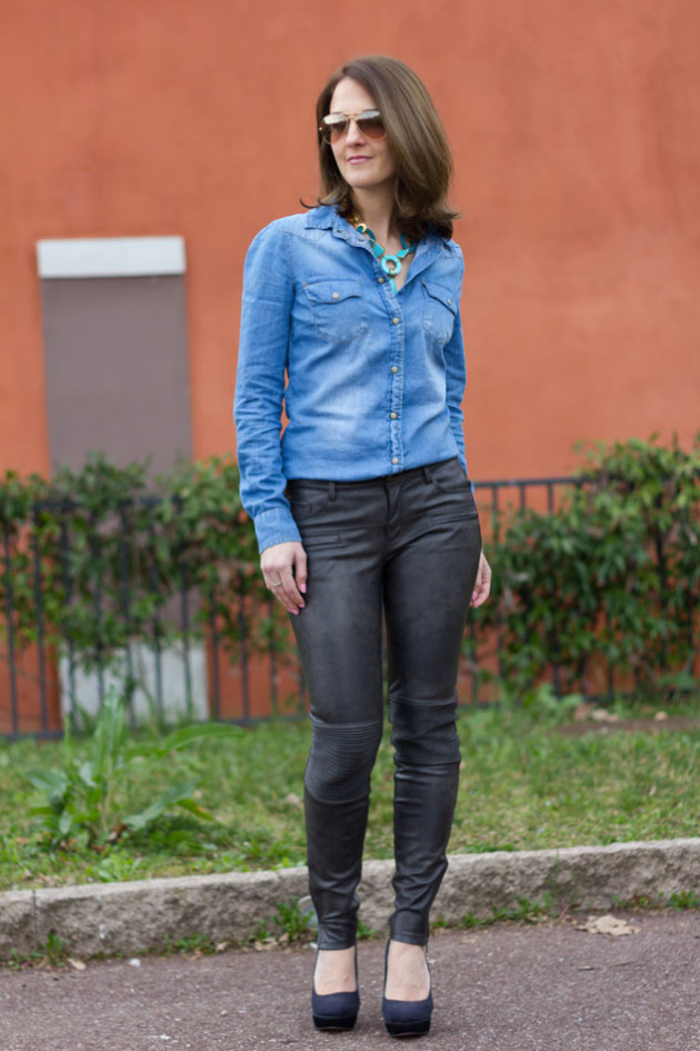 Denim shirt leather pants (spring outfit)