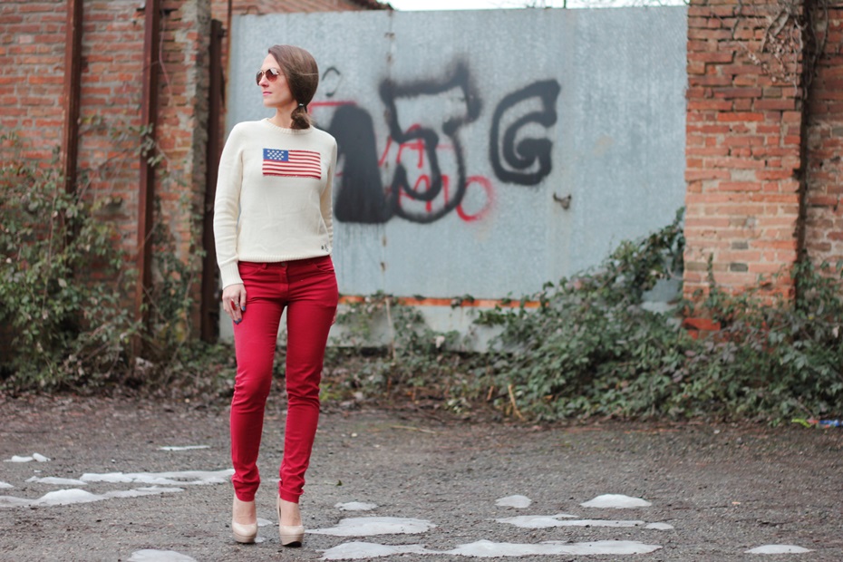 Flag sweater and Red Pant on my Fashion Blog