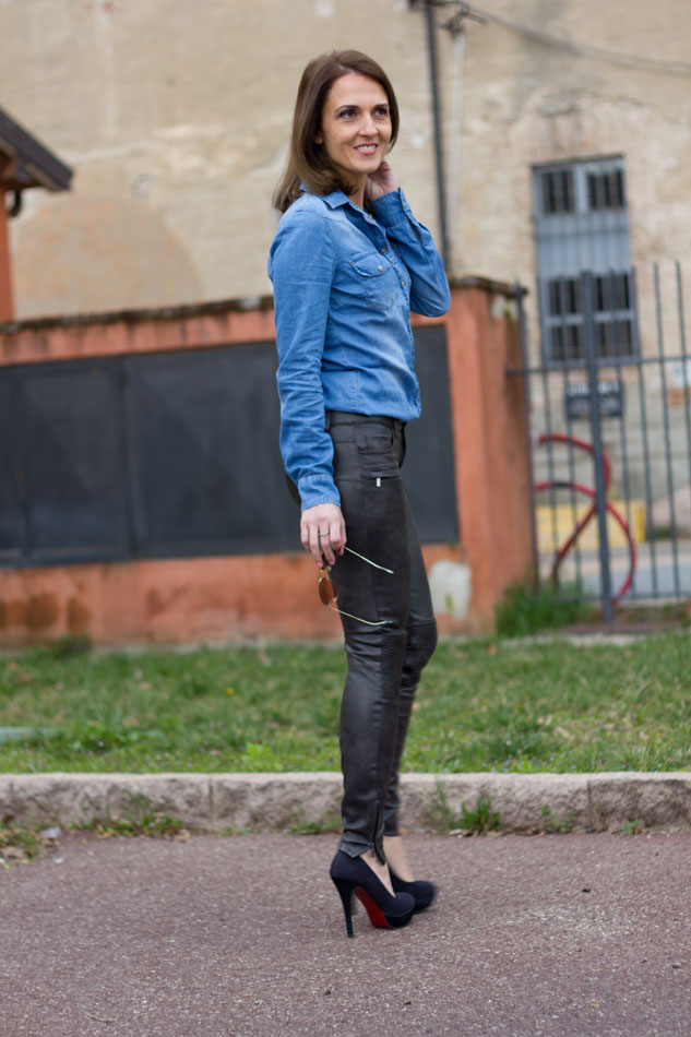 Denim shirt Leather pants spring outfit 