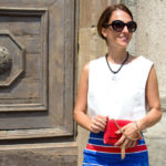Maggie Dallospedale, Fashion blogger, Pencil skirt, red mini bag, Chanel sunglasses, Sandals